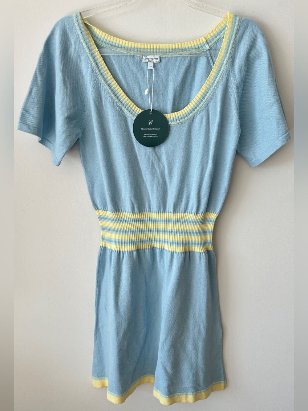 Light Blue & Yellow Knit Mini Dress with Smocked Waist